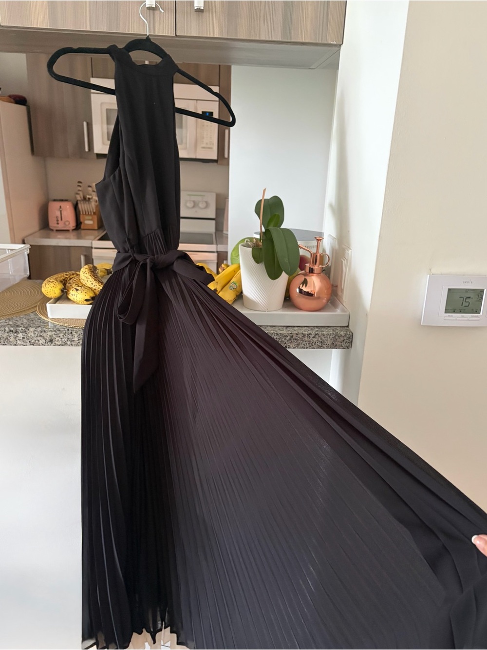 Zimmermann Black Halter Pleated Maxi Dress with Contrast Hem